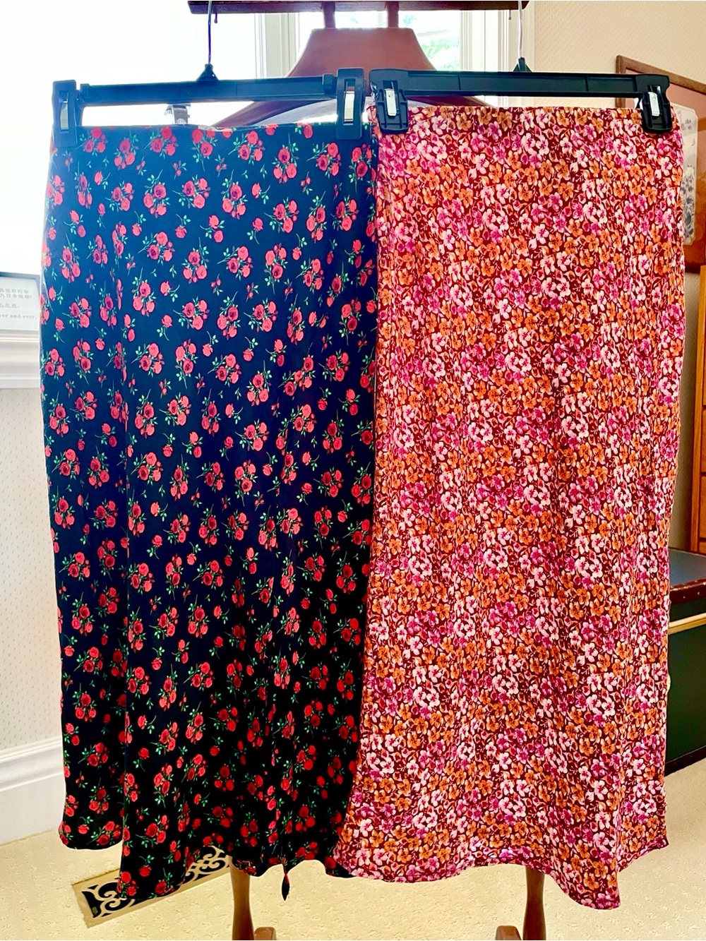 Floral Midi Slip Skirts in Black Floral and Pink-Orange Floral